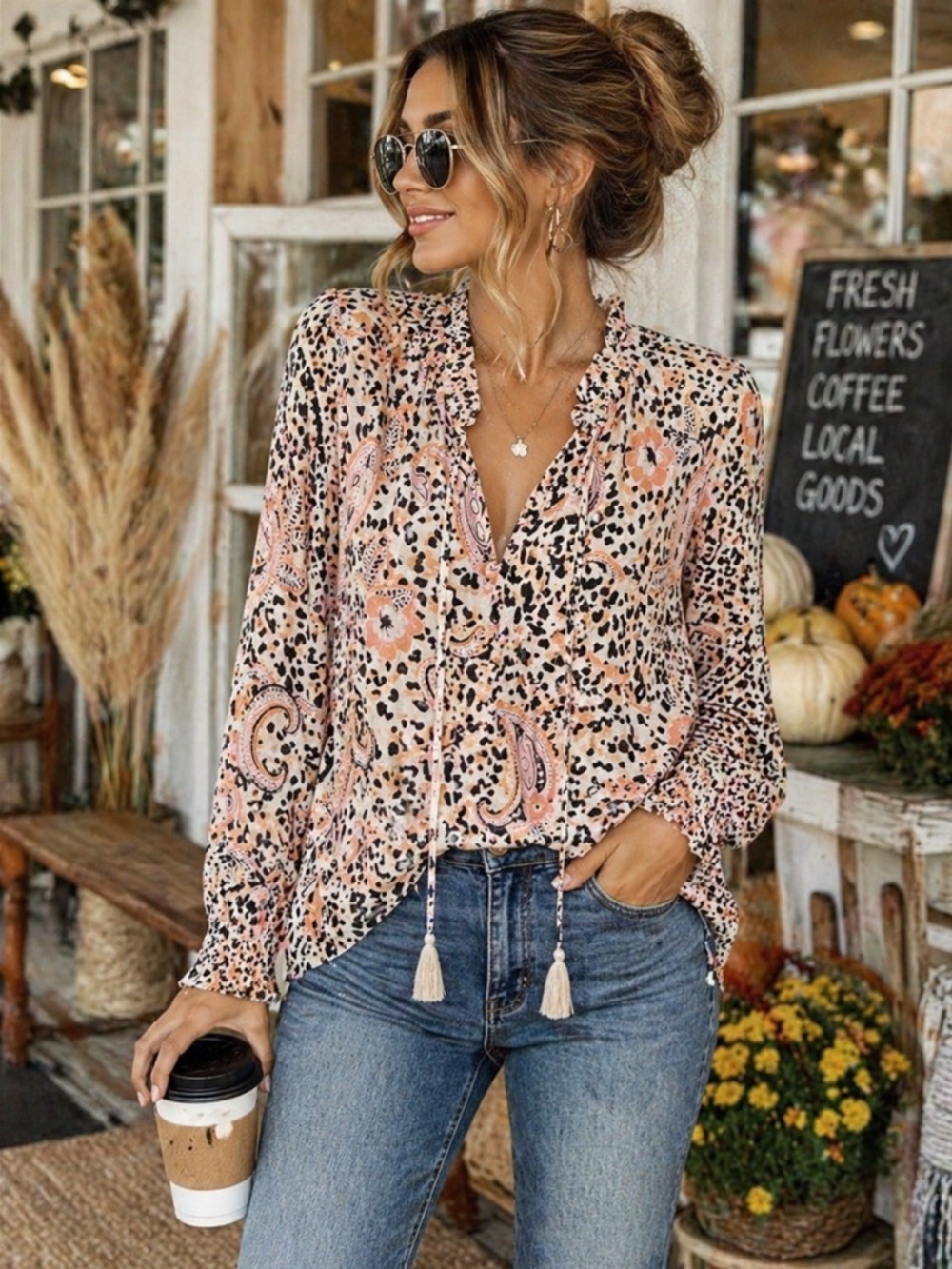 Nanette Lepore Boho Paisley Leopard Print Blouse XL Tassel Tie